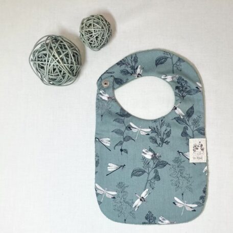 Bavoir So Mout' 0-6 mois éponge verte et popeline motifs Libellules vert et gris 100% coton