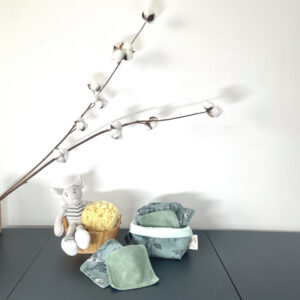 Ensemble 10 lingettes + panière assortie micro-éponge verte et popeline motifs libellule sur fond gris 100% coton