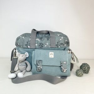 Ensemble Sac à langer et Tapis à langer Nomade So Mout' velours grosse côtes vert d'eau et popeline motifs libellule gris vert 100% coton rembourrage laine de brebis