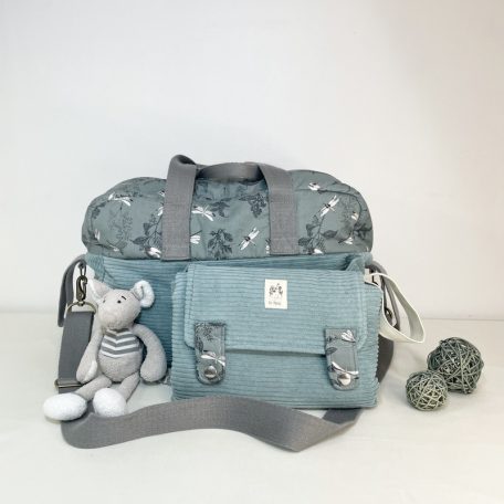 Ensemble Sac à langer et Tapis à langer Nomade So Mout' velours grosse côtes vert d'eau et popeline motifs libellule gris vert 100% coton rembourrage laine de brebis