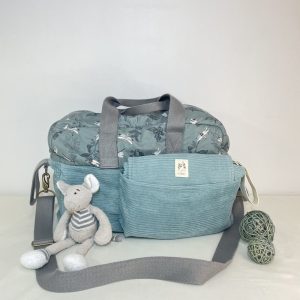 Ensemble Sac à langer et tapis à langer nomade So Mout' velours grosse côtes vert d'eau et popeline motifs libellule gris vert 100% coton rembourrage laine de brebis